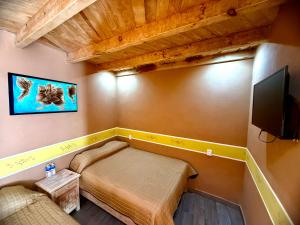 a small room with a bed and a flat screen tv at Hotel Nuevo Amanecer in Real de Catorce