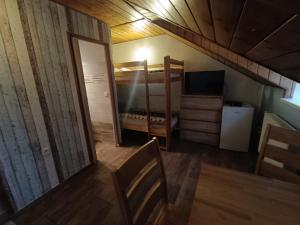a small room with a bunk bed and a mirror at Guest House Haklův Mlýn in Hrabětice