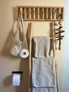 two white towels hanging on a wall with a shelf at Chambre d Amis in Lokeren +13 photos