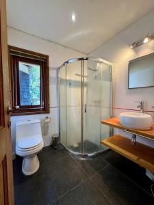 a bathroom with a shower and a toilet and a sink at Casa Arrayan in Puerto Varas +27 photos