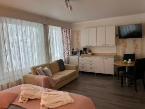 a living room with a couch and a kitchen at Hotel Ilomantsi North Star in Ilomantsi
