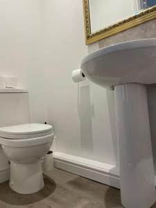 a bathroom with a white toilet and a sink at Weymouths Coastal Nook in Weymouth +6 photos