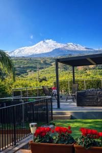 a snow covered mountain in the distance with red flowers at Limoneto Etna View in Giarre
