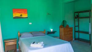 a bedroom with a bed and a green wall at Hilltop Horizon Guesthouse in San Ignacio +42 photos