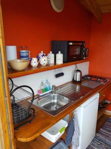 a kitchen with a sink and a microwave at Beavers Lodge on top of the Shropshire hills in Craven Arms +28 photos