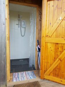 a bathroom with a shower and a door with a shower at Beavers Lodge on top of the Shropshire hills in Craven Arms