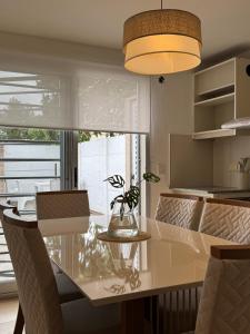 a kitchen with a table with a potted plant on it at Duplex Moderno en Chascomus in Chascomús