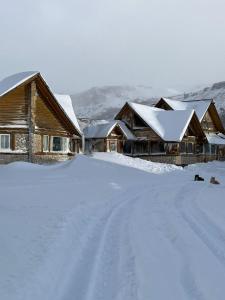 a snow covered road in front of wooden houses at Lodge Copahue Expeditions in Caviahue