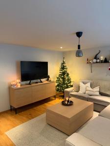 a living room with a television and a christmas tree at Leilighet i Kristiansand in Kristiansand