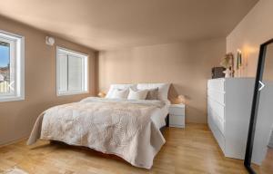 a bedroom with a bed and a dresser and two windows at Leilighet i Kristiansand in Kristiansand