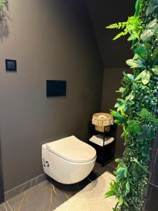 a white toilet in a bathroom with green plants at Chalet Tri pramene in Moravské Lieskové +18 photos