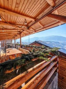 a patio with a wooden roof with trees on it at Casuțele de sub deal in Vişeu de Sus