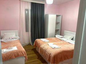 a bedroom with two beds and a mirror at sopo's cottage in Kobuleti