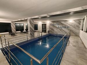a swimming pool with a sign that reads contact employer at Conacul Lupilor in Satu Şugatag