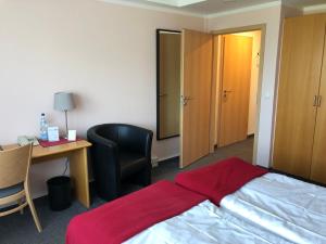 a bedroom with a bed and a desk and a chair at Hotel am Tierpark in Güstrow