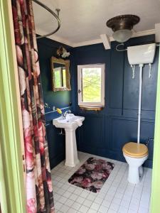 a blue bathroom with a sink and a toilet at Baumhaus auf dem Kellerberg in Fischach