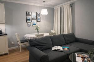 a living room with a couch and a table at EUROPA22 Apartament z JACUZZI w samym sercu miasta Tomaszów Maz - balkon z widokiem na park i fontanny Szybkie zameldowanie od 13 in Tomaszów Mazowiecki +40 photos