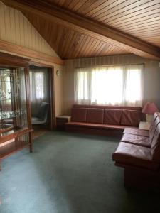 a living room with a couch and a window at Chacra Los Cipreses - Casa completa con gran parque arbolado, 6 personas, entorno tranquilo in Cinco Saltos