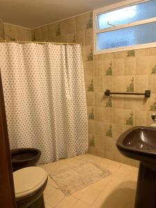 a bathroom with a shower curtain and a sink at Chacra Los Cipreses - Casa completa con gran parque arbolado, 6 personas, entorno tranquilo in Cinco Saltos +21 photos
