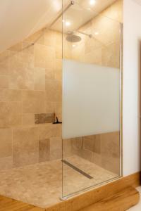 a shower with a glass door in a bathroom at Villa du Ruisseau in Saint-Louis
