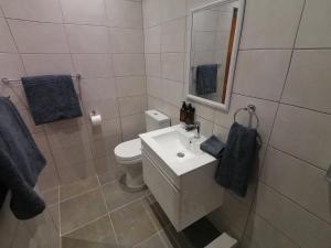 a bathroom with a sink and a toilet and a mirror at Martin Villa in Somerset West