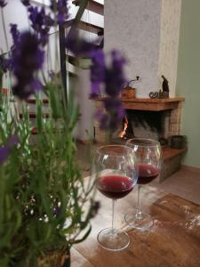 two glasses of wine sitting on a table with a fireplace at Sotto le 3 Torri in Pacentro