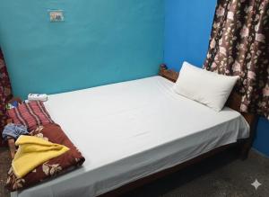 a small bed in a room with a blue wall at Joyful Homestay in Mysore
