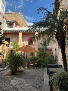 a patio with a palm tree and an umbrella at Hotel Casa del Anticuario in Morelia