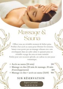a flyer for massage sauna with a woman lying on at Roulotte Natiraa avec sauna et piscine in Tarascon