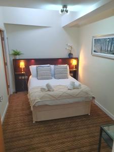 a bedroom with a bed with two pillows on it at THE PENTHOUSE AT REGENT HOUSE Light and airy top floor with lift access 1 bedroom en-suite luxury apartment ULTRA CENTRAL LOCATION in Harrogate