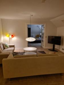 a living room with a couch and a tv at Exclusive boende Suite 2 med 4 bäddar i stort sovrum varav 2 bäddar kan stänga om sig in Frederikshavn