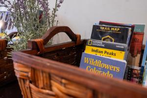 a pile of books sitting in a basket at Trailhead Lodges 821 in Winter Park
