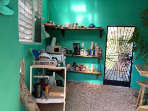 a room with a green wall with shelves and a door at Hilltop Horizon Guesthouse in San Ignacio