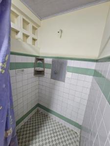 a tiled bathroom with a shower and a towel at Ecos Y Sueños in Cali