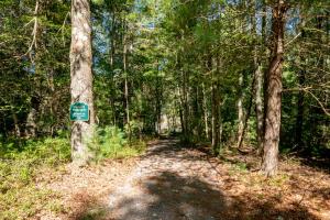 a trail in the woods with a sign on a tree at Bracken Lodge by Railey Vacations in Swanton
