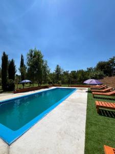 a swimming pool with chairs and umbrellas at Hotel Parcela Tierra Fértil in Coltauco