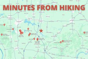 a map with the text minutes from hiking at Modern Pond-View Cabin Near Lake of Egypt in Marion