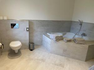 a bathroom with a toilet and a tub with a sink at Seaside-Amrum-5 in Norddorf