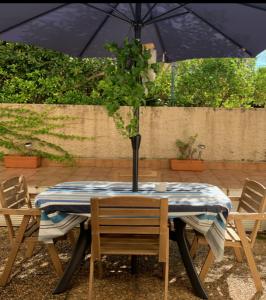 a table with a blue and white checkered table cloth and a black umbrella at OCEAN PLAGE Appartement-terrasse-garage-wifi-draps et serviettes in Hendaye +5 photos