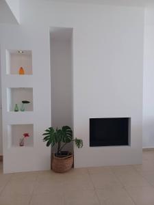 a living room with a tv and a plant at Stargaze Apartment with Sea View by MindYourVilla in Zakynthos