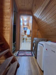 a kitchen with a washing machine in a cabin at Cottage Mida in Mestia
