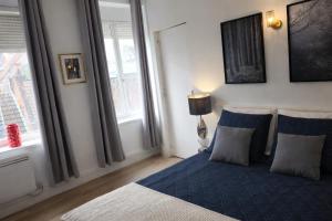 a bedroom with a bed with a blue comforter and two windows at Tribunal du Beffroi in Douai