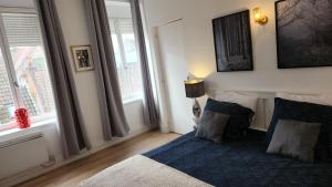 a bedroom with a bed with a blue bedspread and two windows at Tribunal du Beffroi in Douai
