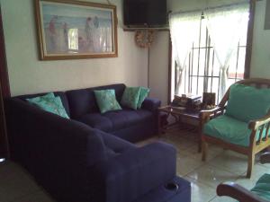 a living room with a blue couch and a chair at Reach For The Islands in Corn Islands
