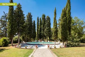 a swimming pool in a park with trees at Terre di Nano in Monticchiello