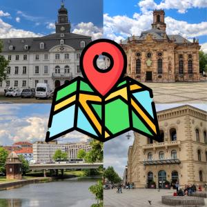 a collage of photos of a building with a heart at Petit Chatelet Rooms in Saarbrücken
