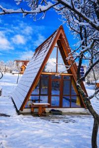 a small cabin with a roof in the snow at Horezu Cozy Cabin in Izvoru Rece