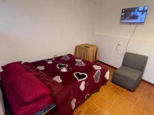 a bedroom with a red bed and a chair at Triple B in Loja