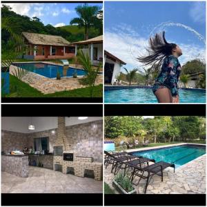 a collage of pictures of a woman by a swimming pool at chácara vale do sol in Valença
