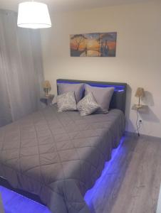 a bedroom with a bed with blue lights on it at Appartement 1 chambre in Jayat